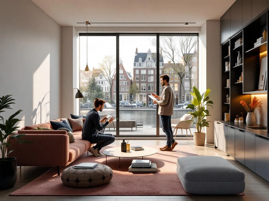 Moderne Amsterdam appartement interieur met huurder die details inspecteert, grote ramen met grachtenhuizen uitzicht