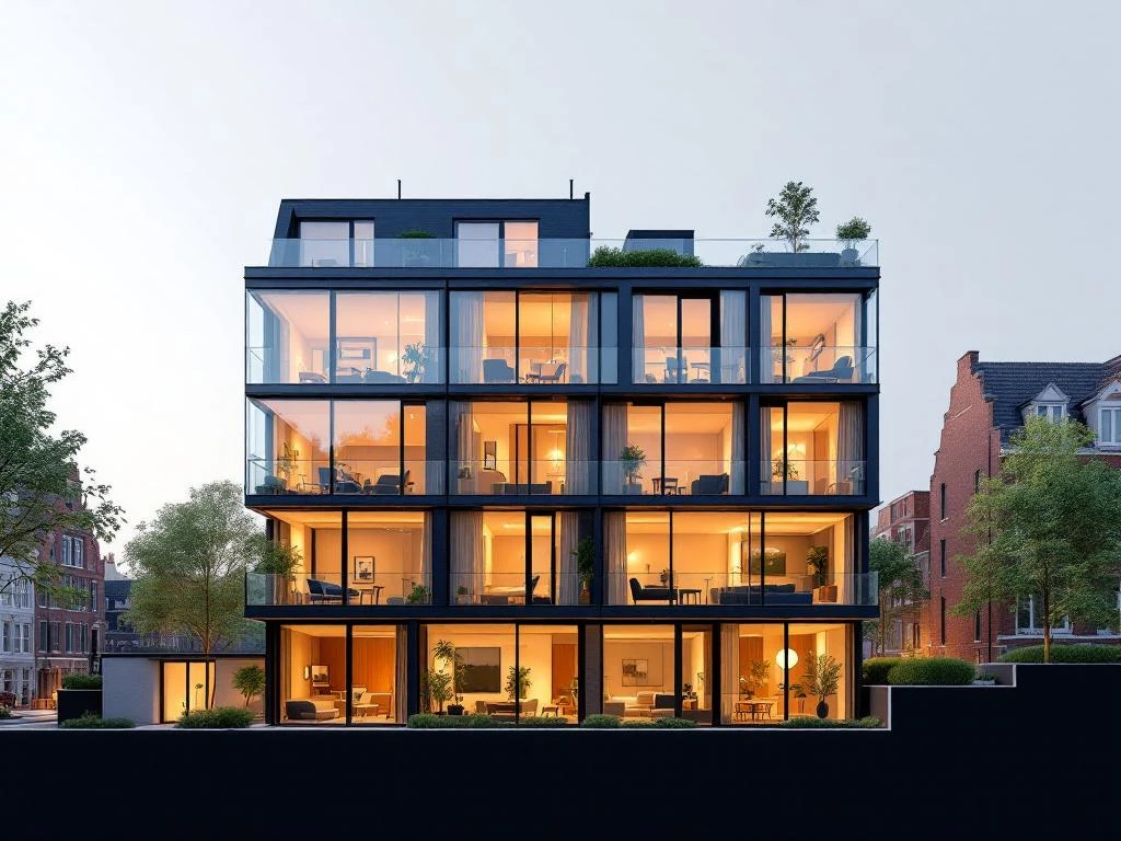 Dwarsdoorsnede van modern Amsterdam appartementengebouw met gereguleerde huurwoningen, bakstenen gevel en glazen puien