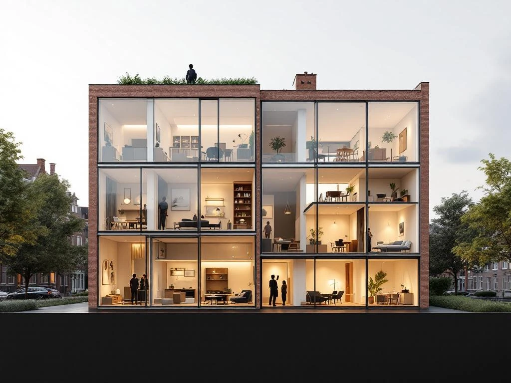 Moderne Amsterdam appartementengebouw dwarsdoorsnede met gemeubileerde kamers, bakstenen gevel en stedelijk groen