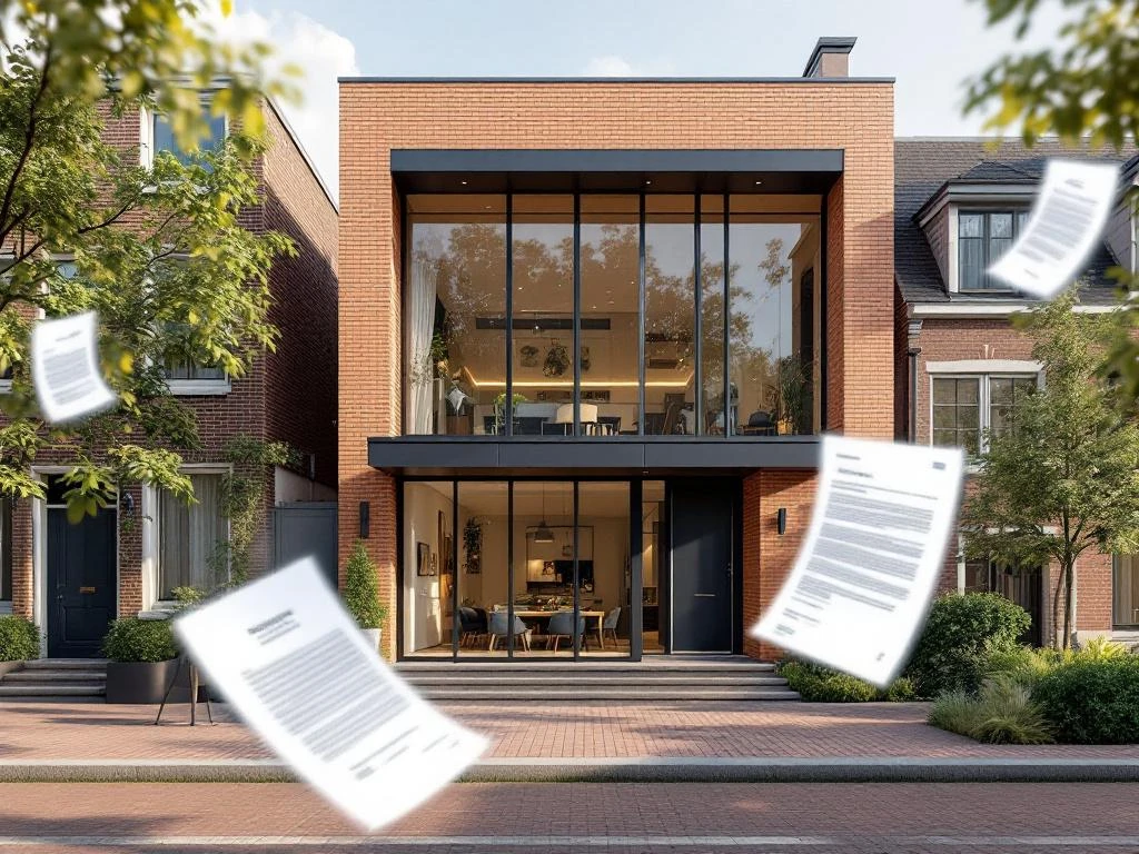 Moderne Amsterdam grachtenpand met glazen elementen en zwevende documenten zoals paspoort en arbeidscontract voor expats