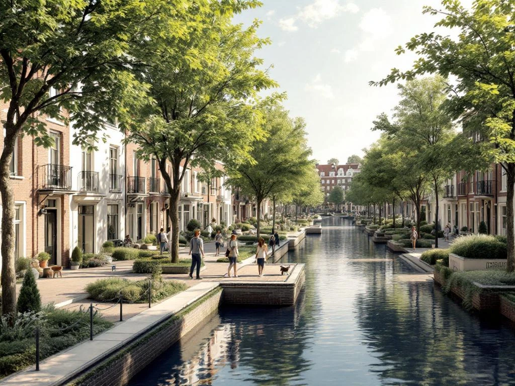 Architecturale rendering van Amsterdam grachtenbuurt met traditionele bakstenen huizen, groene parken en wandelaars met honden.