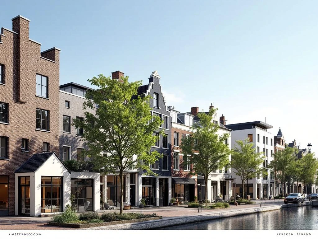 Amsterdamse grachtenpanden en moderne appartementen in architecturale 3D-rendering met karakteristieke trapgevels