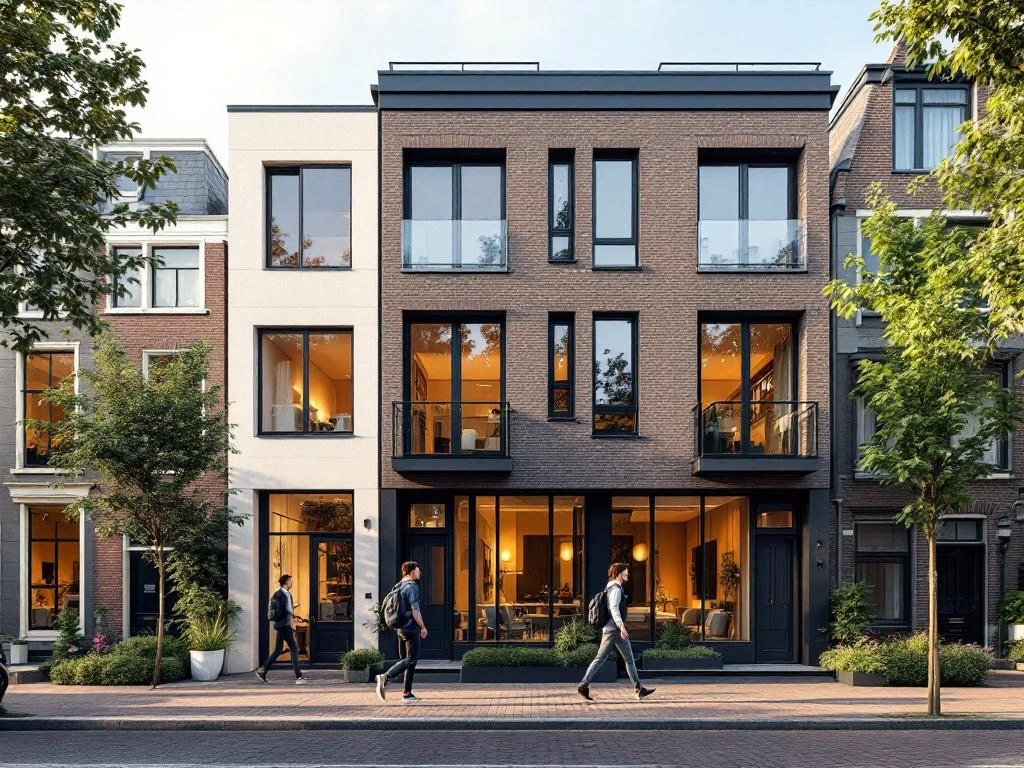 Moderne Amsterdamse grachtenpand met glas en baksteen, jonge professionals op geplaveide straat, warme daglichting