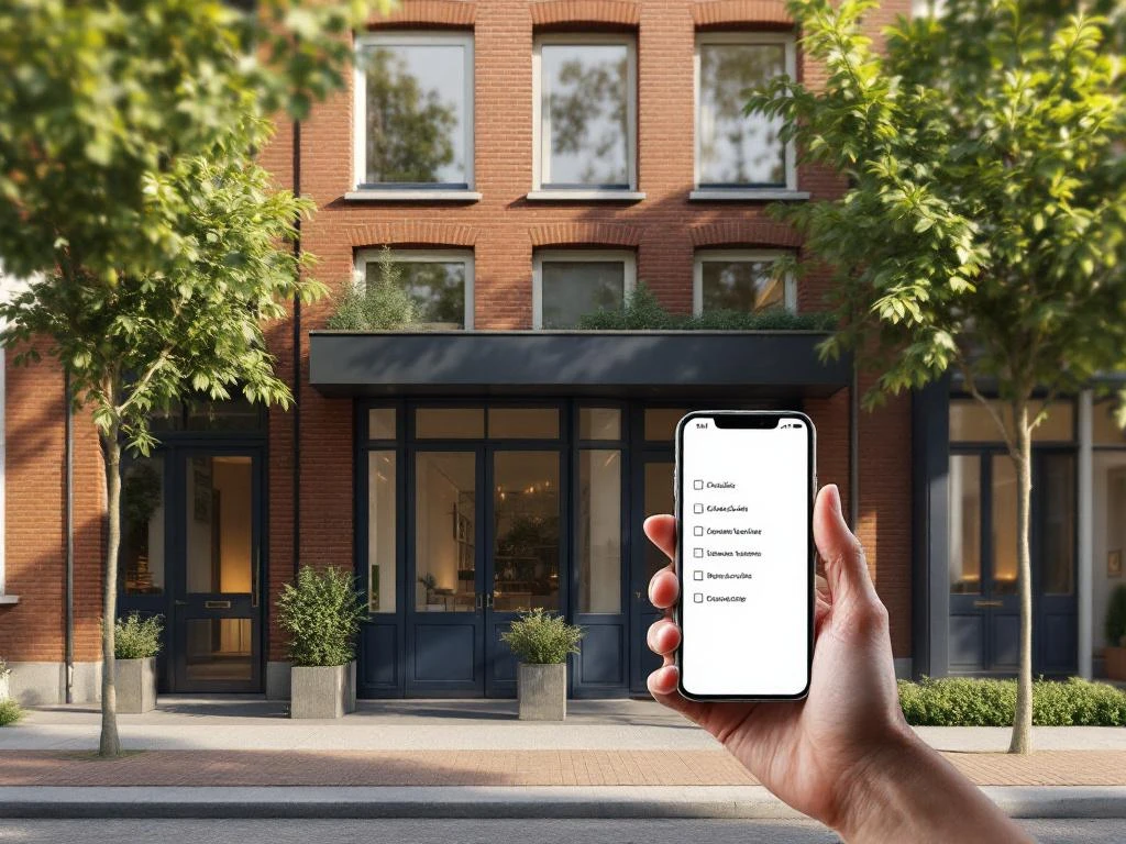 Moderne Amsterdam grachtenpand met traditionele bakstenen gevel en tablet met digitale checklist op voorgrond