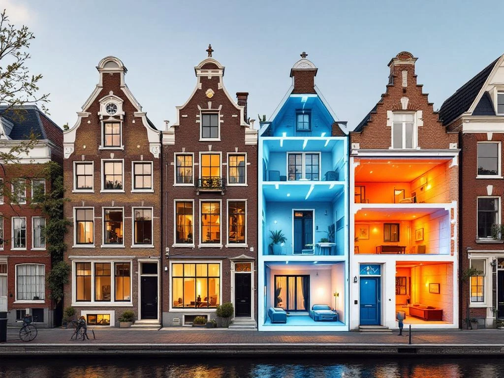 Architecturale doorsnede van Amsterdamse grachtenpanden met isolatielagen en thermische beeldvorming in historische bakstenen muren.