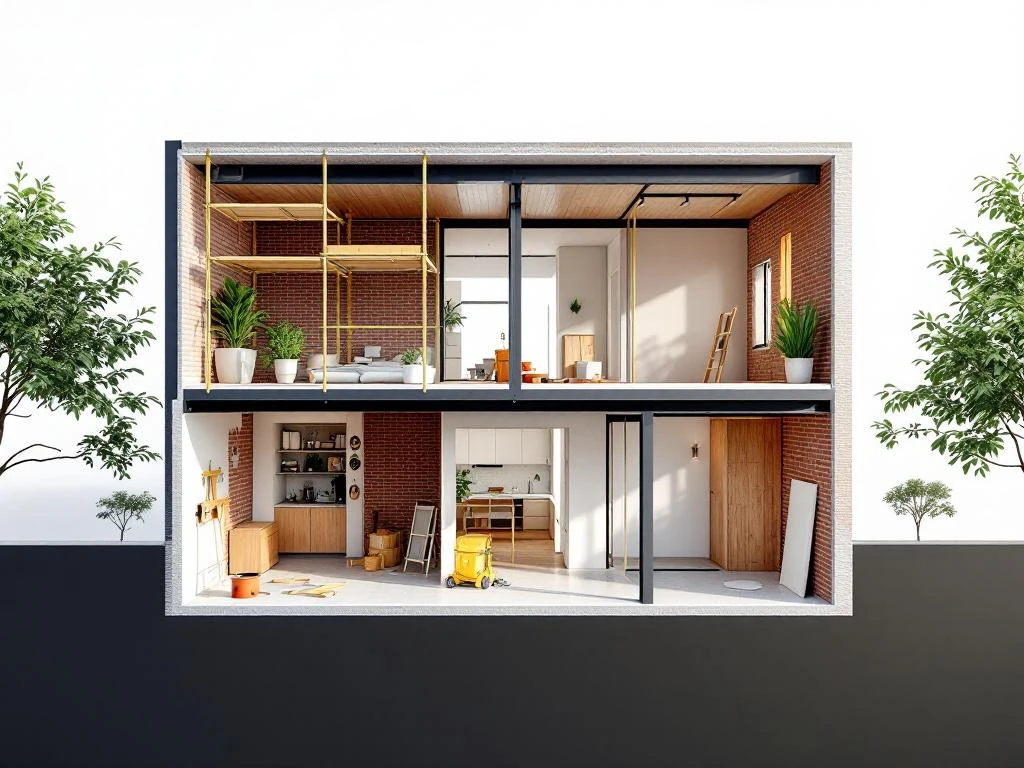 Dwarsdoorsnede van modern Amsterdams grachtenpand tijdens renovatie met steigers, gereedschap en minimalistische inrichting.