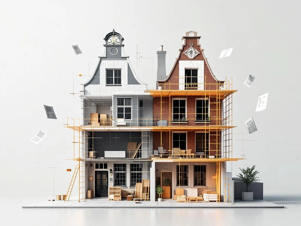 3D-rendering van Amsterdams grachtenpand met renovatiewerk, doorsnede toont interieur met steigers en bouwmaterialen