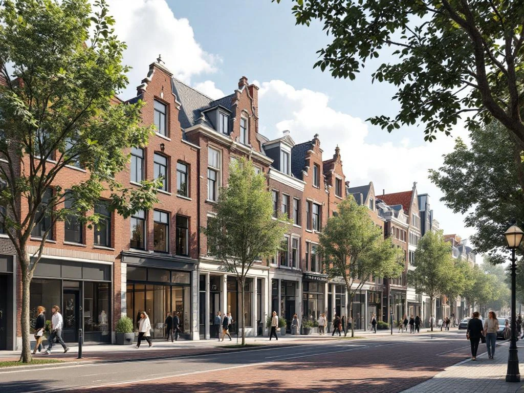 Architecturale rendering van Amsterdamse grachtenhuizen en moderne gebouwen met wandelaars langs groene straten