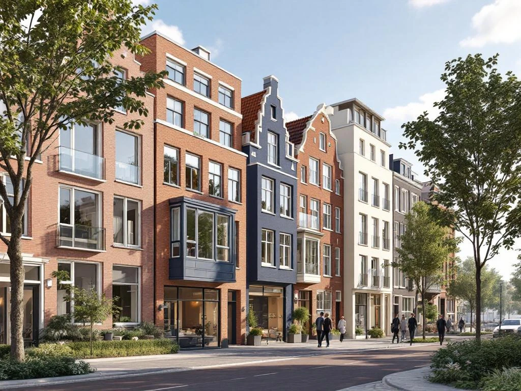 Professionele 3D-visualisatie van Amsterdamse grachtenpanden en moderne appartementen langs groene straat