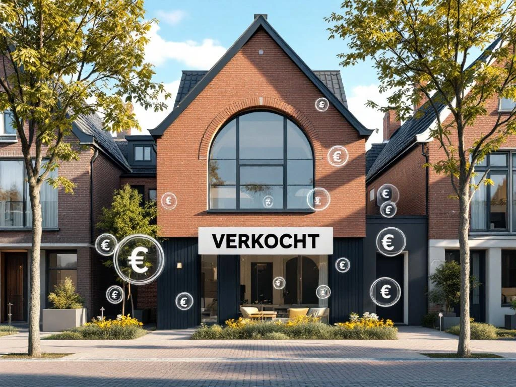 Verkocht Amsterdam grachtenpand met zwevende kostenanalyse iconen en euro symbolen in moderne architecturale visualisatie