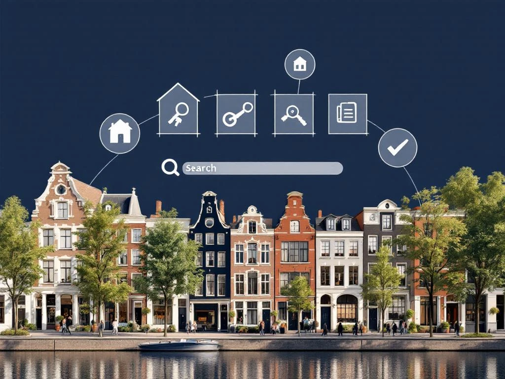 Moderne zoekinterface voor huurwoningen boven Amsterdamse grachtenpanden met bakstenen gevels en wandelende mensen