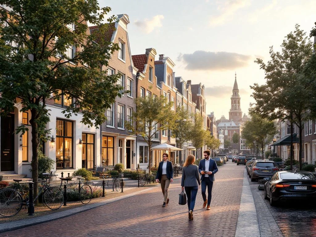 Professionele architectuurweergave van Amsterdam Jordaan met smalle grachtenpanden, kinderkopjes en internationale expats met laptops