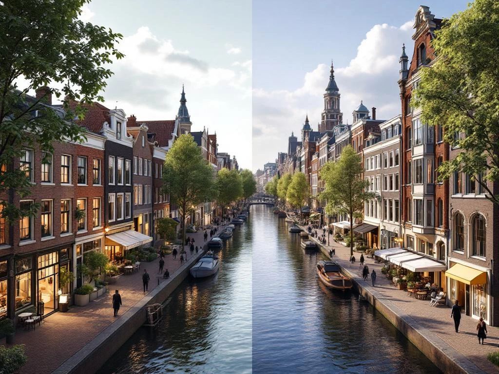 Architecturale weergave van Amsterdam's Jordaan en 9 Straatjes wijken met traditionele grachtenpanden en historische straten