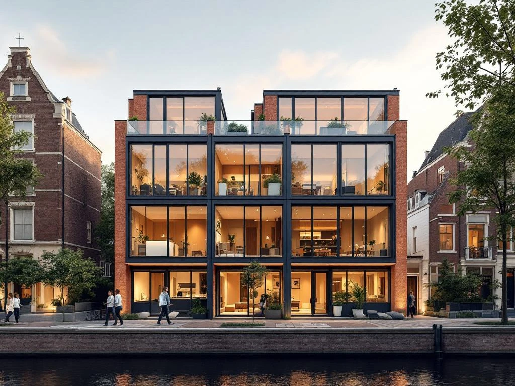 Doorsnede van Amsterdams grachtenpand met zelfstandige huurunits, aparte ingangen, keukens en badkamers zichtbaar