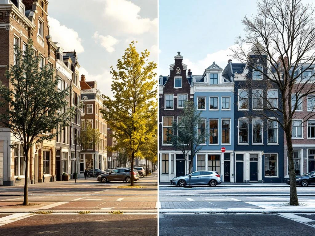 Amsterdam grachtenhuizen in split-screen weergave: zomer met groene bomen links, winter met kale takken rechts