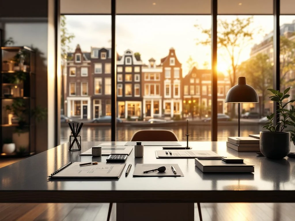 Moderne Amsterdam makelaarskantoor interieur met bureau, calculator, documenten en sleutels bij raam met grachtenhuizen