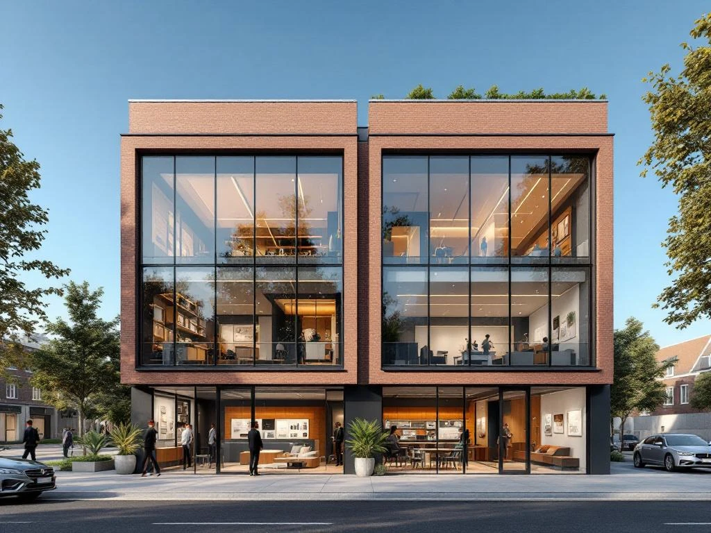 Modern Amsterdam kantoorgebouw met glazen gevels en bakstenen elementen, consultatieruimte en blauwdrukken zichtbaar
