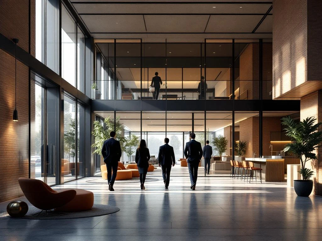 Modern Amsterdam kantoorgebouw met glazen gevels en bakstenen accenten, zakenmensen in elegante lobby met daglicht