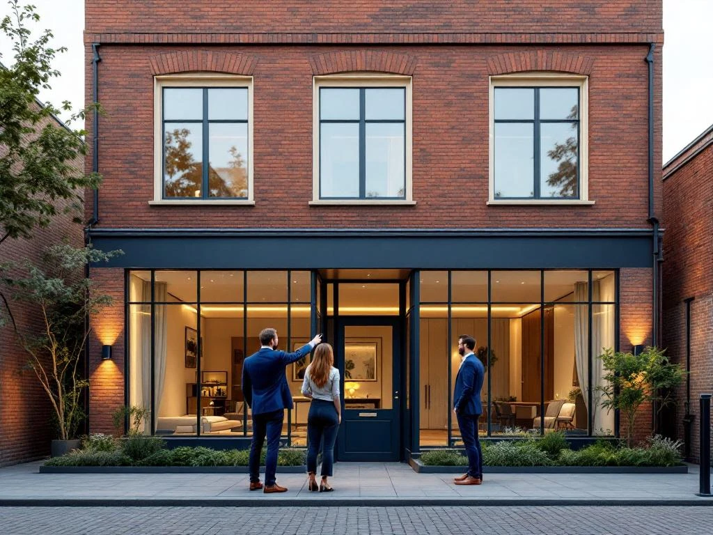 Makelaar toont modern Amsterdam grachtenpand met warme bakstenen gevel aan stel, professionele vastgoedpresentatie