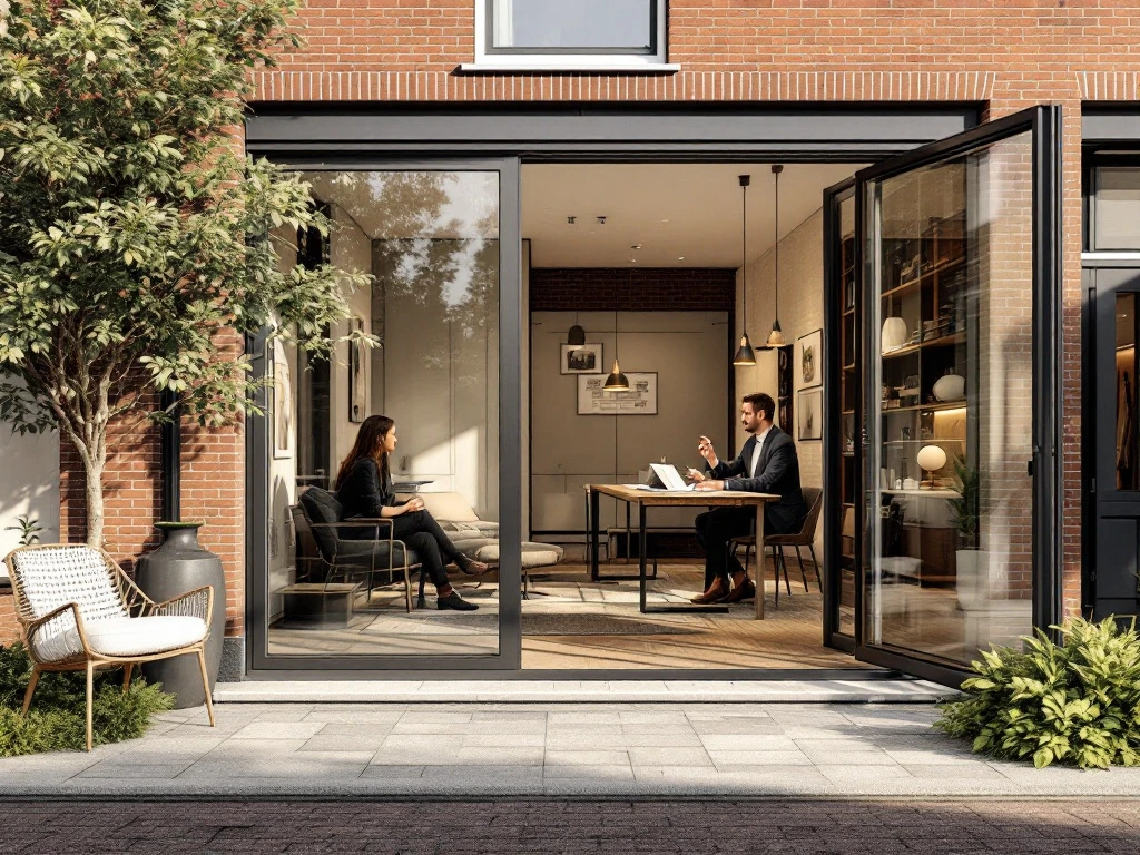 Moderne Amsterdam grachtenpand met bakstenen gevel waar vastgoedconsultatie plaatsvindt, zichtbaar door glazen panelen