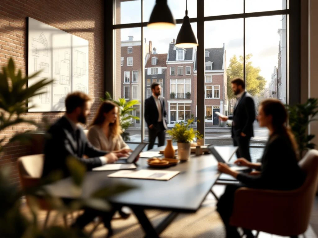 Moderne Amsterdam vastgoed kantoor interieur met consultatietafel, grachtenpanden uitzicht en professionele sfeer