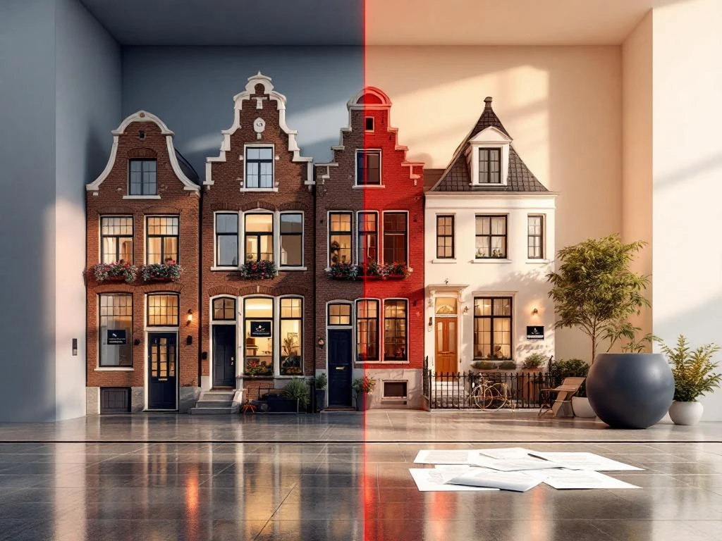 Amsterdam grachtenpand split-screen: links met professionele makelaarsbegeleiding, rechts met waarschuwingen en risico's bij zelfverkoop