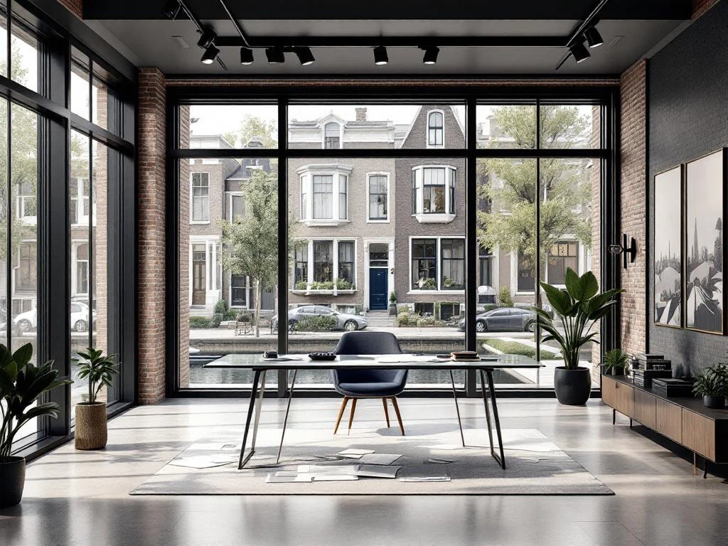Moderne Amsterdam makelaarskantoor met glazen bureau, vastgoeddocumenten en uitzicht op grachtenpanden door ramen