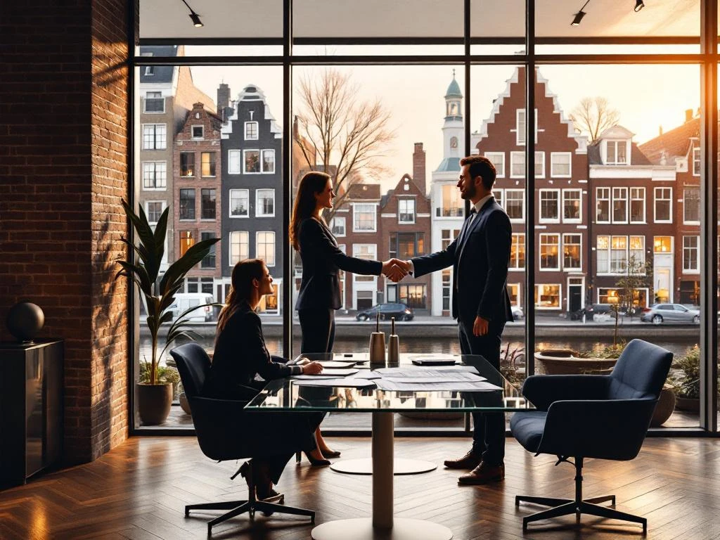 Twee zakenmensen schudden handen in modern Amsterdam makelaarskantoor met uitzicht op grachtenpanden
