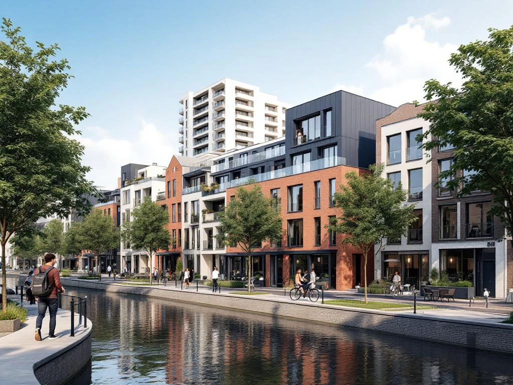 Professionele architectuurrendering van Amsterdamse wijken met moderne grachtenpanden en jonge professionals op straat