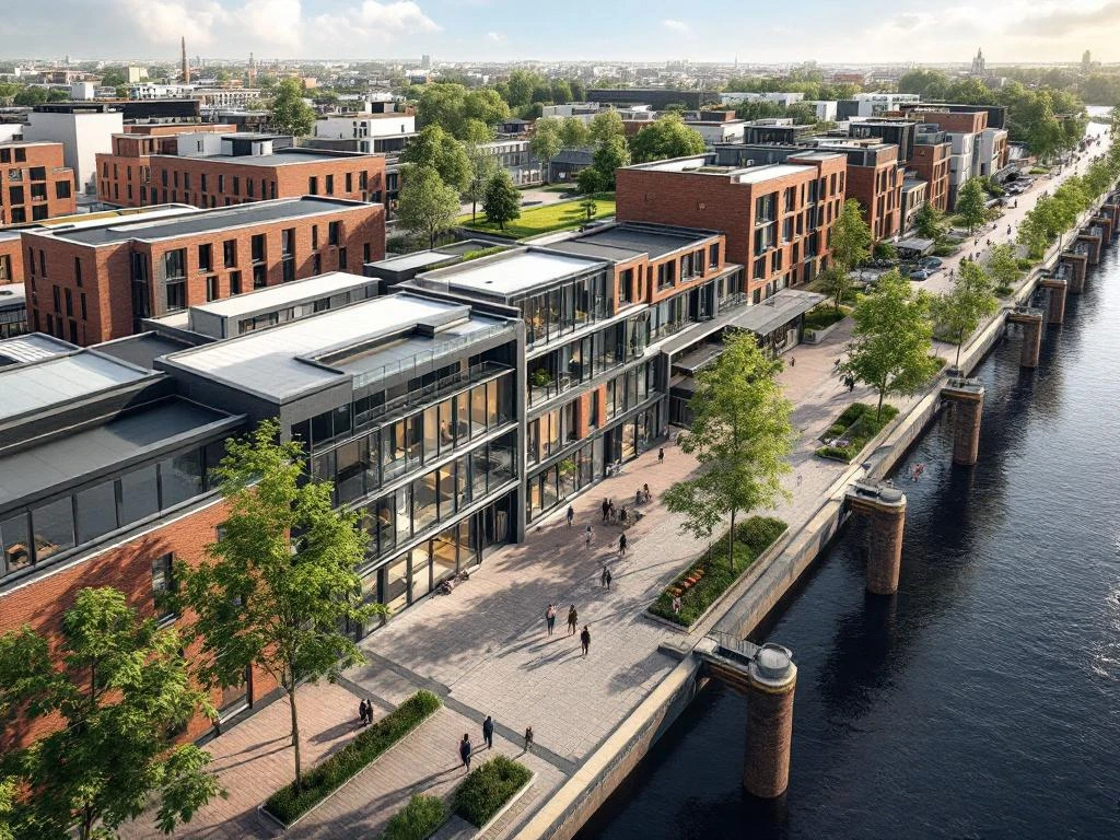 Luchtfoto van Amsterdam Noord met gerestaureerde industriële gebouwen langs het IJ, moderne woningen en groene ruimtes