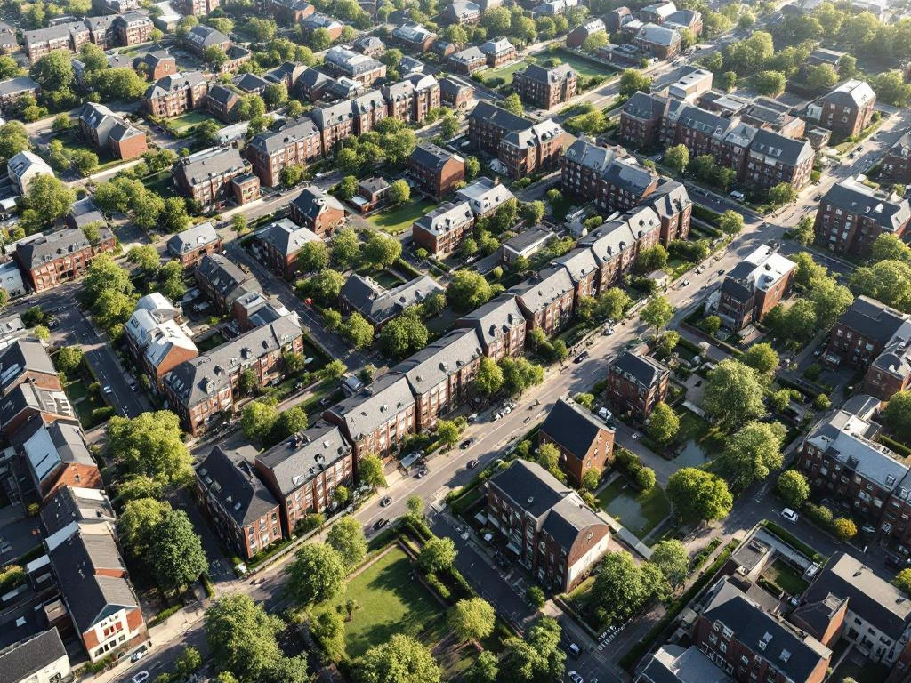 Luchtfoto van Amsterdam-Oost woonwijken met grachtenhuizen, appartementen en groene parken in warme baksteentinten