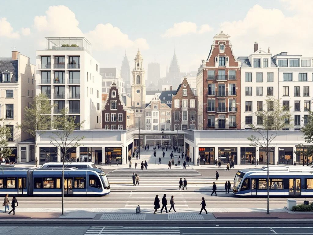 Professionele architecturale weergave van Amsterdam's openbaar vervoer met metro, trams en GVB bussen tussen grachtenhuizen