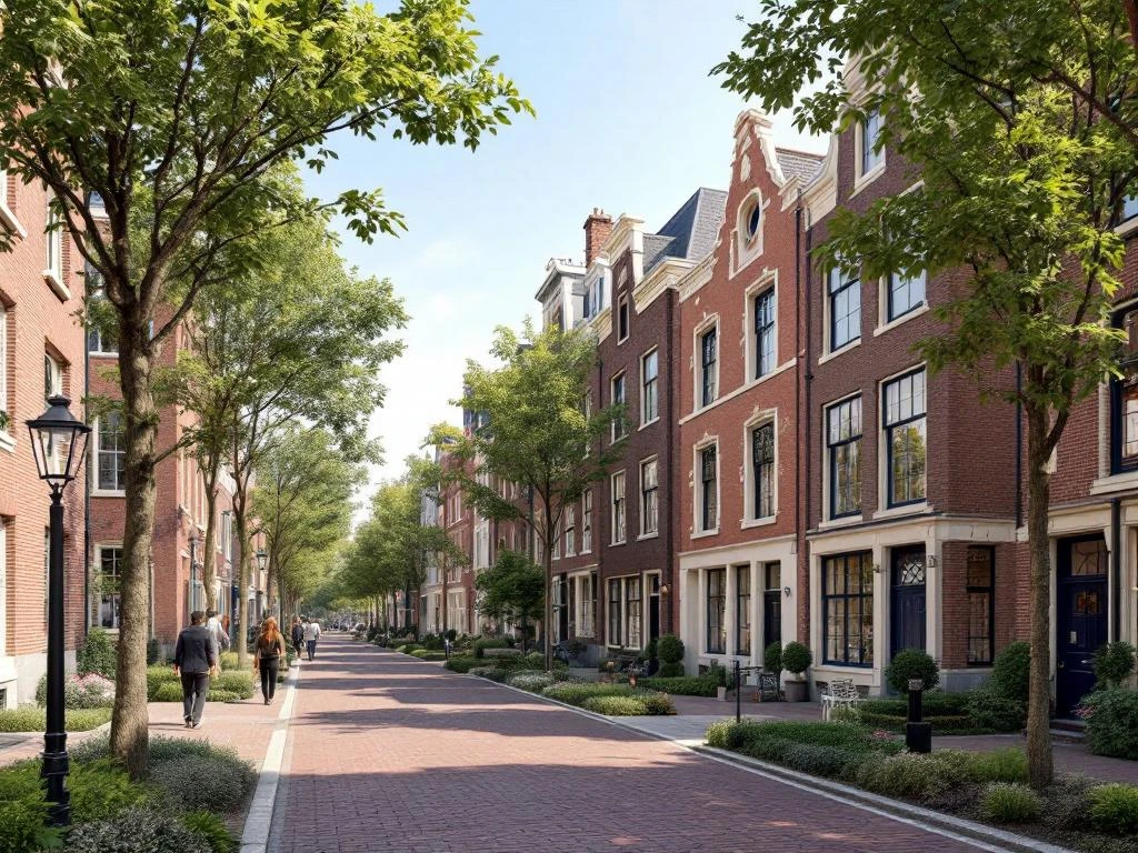 3D-rendering van Amsterdamse School architectuur in Rivierenbuurt met karakteristieke bakstenen gebouwen en bomenrijke straat