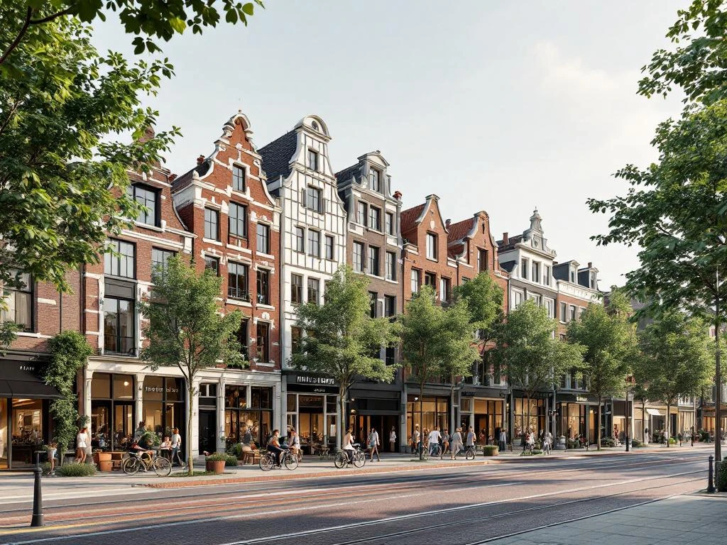 Amsterdamse School bakstenen gebouwen in Rivierenbuurt met brede straten, fietsers, groen en moderne winkels op begane grond.