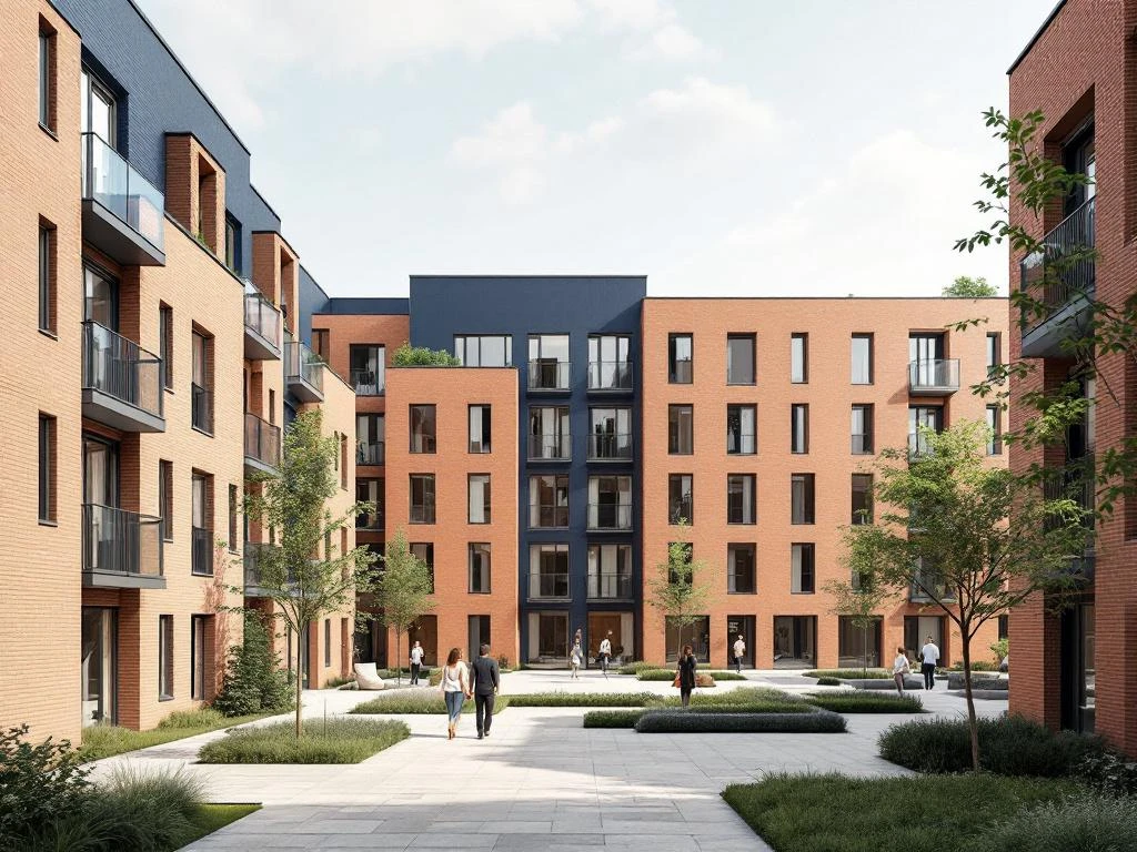Moderne sociale woningbouw complex in Amsterdam met terracotta bakstenen, marineblauw accenten en binnenplaats met bewoners.