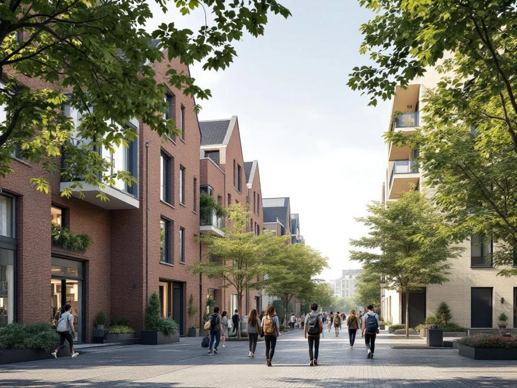 Moderne studentenhuisvesting en traditionele grachtenpanden in Amsterdam met internationale studenten op straat