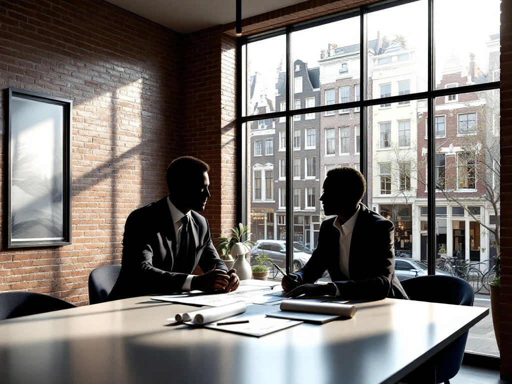 Moderne Amsterdam makelaarskantoor met twee professionals in overleg, uitzicht op grachtenpanden door grote ramen.