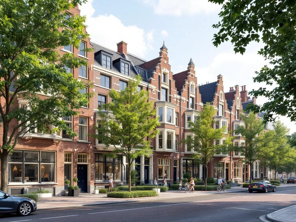 Architecturale 3D-rendering van 1930s bakstenen woningen met erkers in Amsterdam Watergraafsmeer met bomen en fietsers