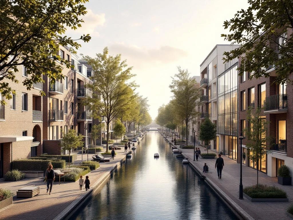 Architecturale vergelijking Amsterdam woningbouw: sociale huurwoningen links, luxe appartementen rechts, met grachten op achtergrond