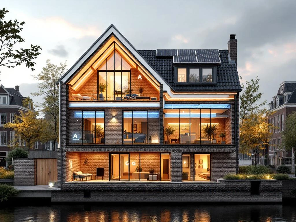 Doorsnede van modern Amsterdams grachtenpand met energiebesparende isolatie, zonnepanelen en energielabel A-G indicatoren.