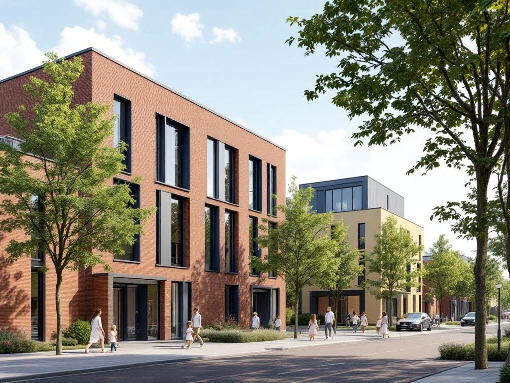 Moderne Amsterdamse wijk met eigentijdse schoolgebouwen, bakstenen woningen en gezinnen die naar onderwijsvoorzieningen lopen