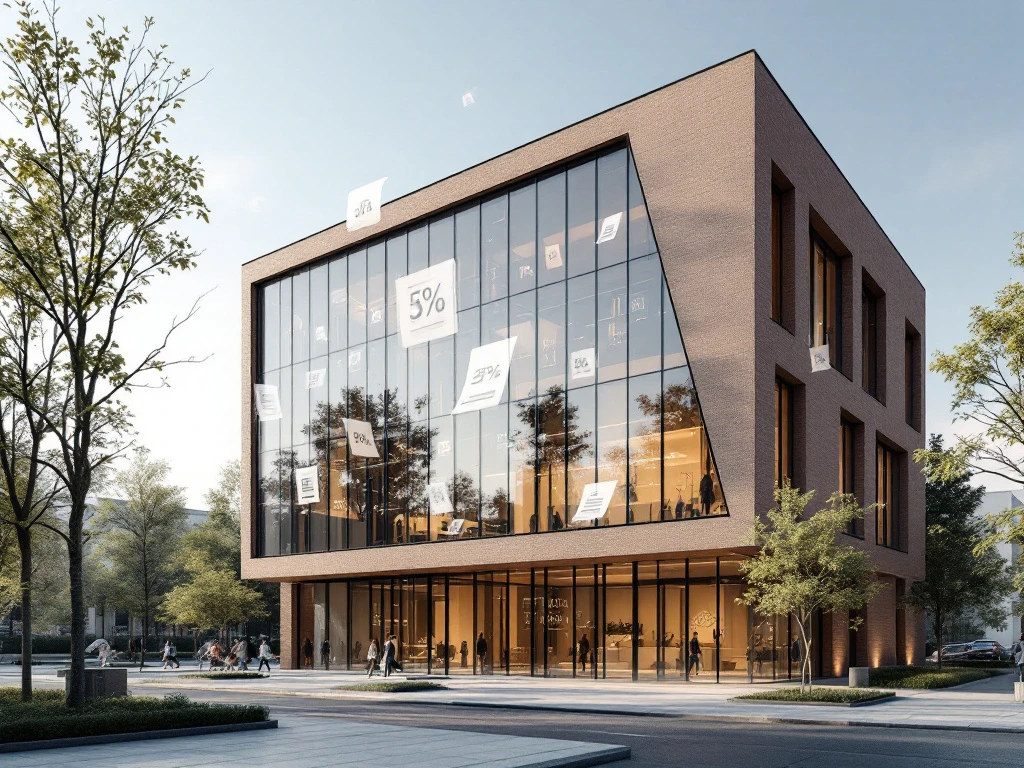Moderne Amsterdam kantoorgebouw met glazen gevel en bakstenen accenten, omringd door zwevende financiële documenten en percentagesymbolen.