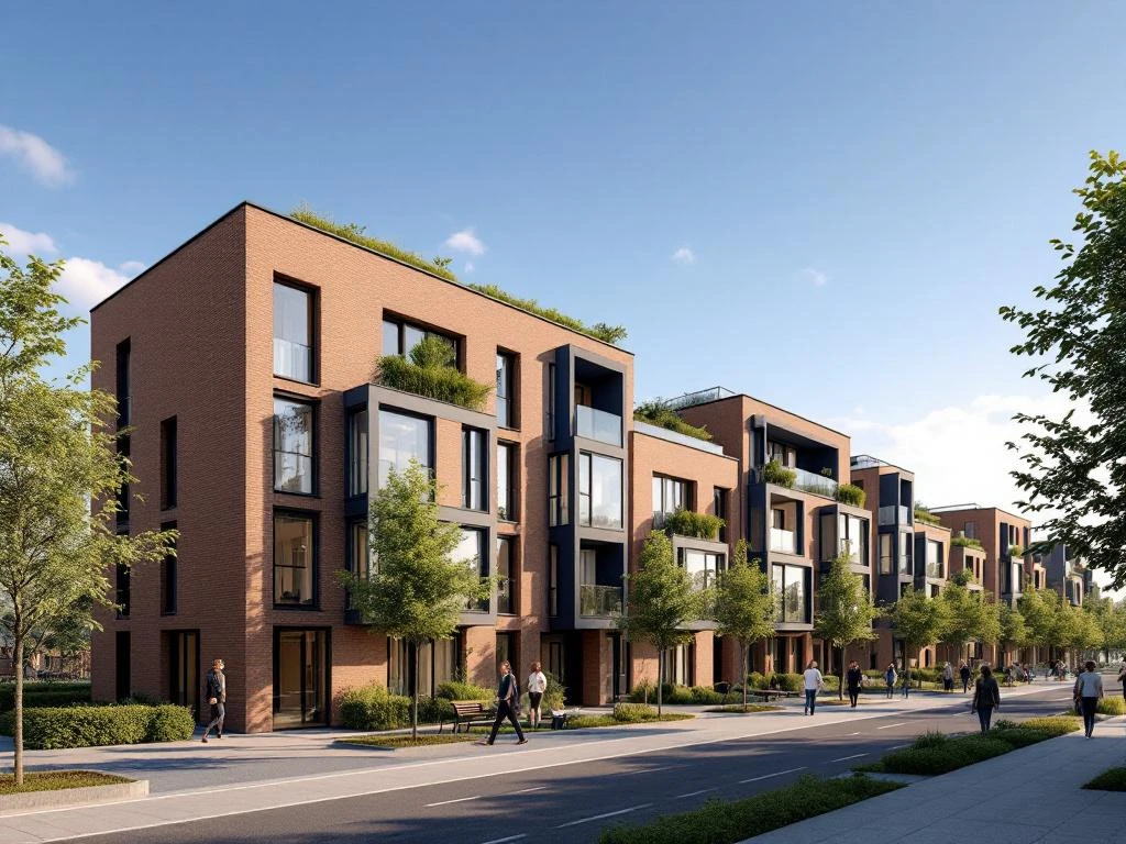 Moderne nieuwbouw appartementen in Amsterdam met groene terrassen, bakstenen gevels en energiezuinige voorzieningen