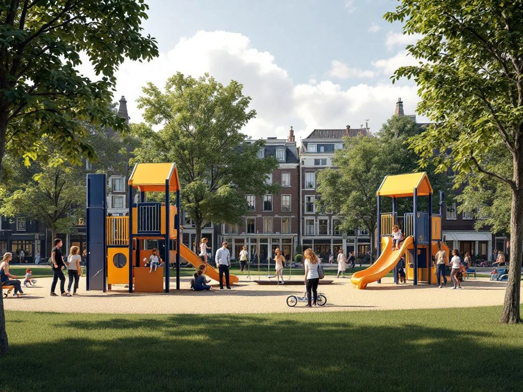 Vondelpark Amsterdam met moderne speeltoestellen tussen bomen, gezinnen spelend, kanaalhuizen op achtergrond