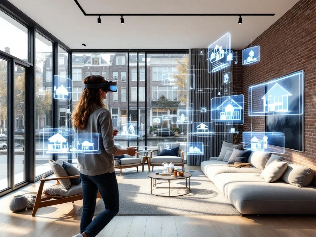 Persoon met VR-bril bekijkt virtuele woningtour in moderne Amsterdam woning met kanaalzicht en holografische plattegronden