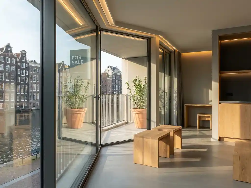 Modern Amsterdam appartement balkon met grachtzicht, vloer-tot-plafond ramen, te koop bord, warme middagzon op beton vloer
