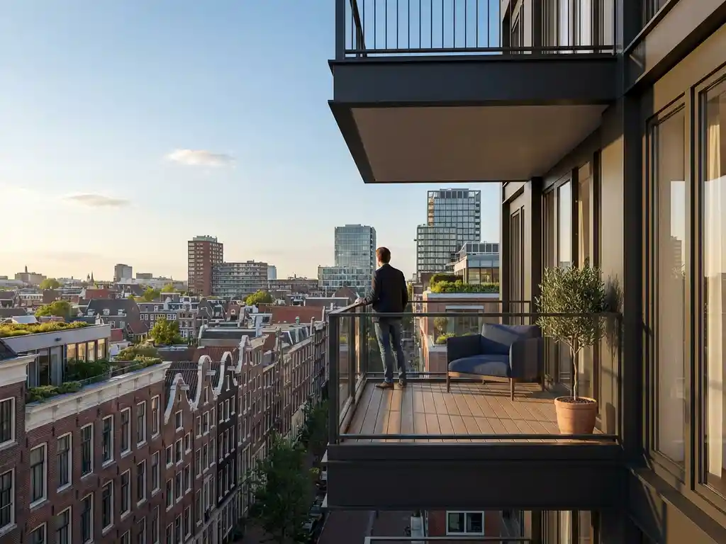 Persoon op modern balkon van Amsterdam appartement kijkt uit over stadslandschap met grachtenhuizen en skyline
