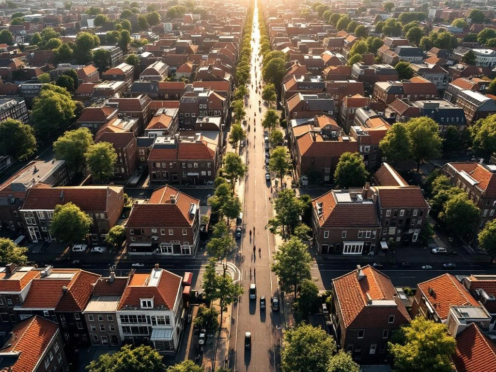 Luchtfoto van Amsterdam De Pijp met kenmerkend rechthoekig stratenpatroon, bakstenen gebouwen en rode daken