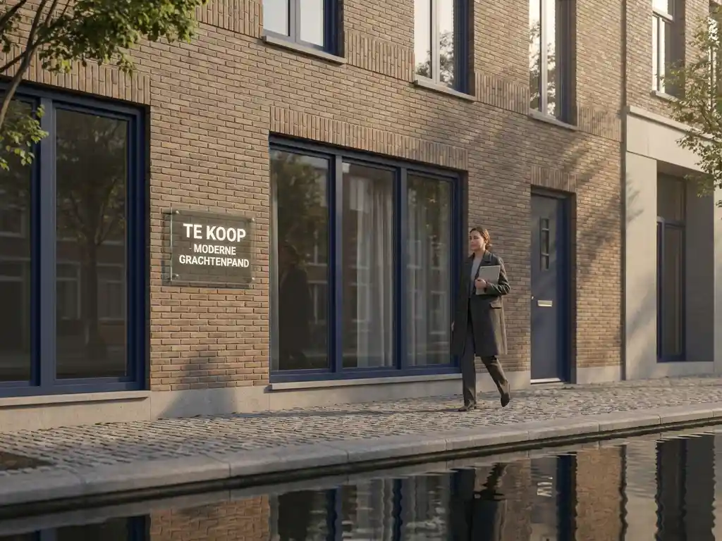 Modern Amsterdam grachtenpand met glazen "Te Koop" bord, bakstenen gevel, makelaar met tablet loopt voorbij