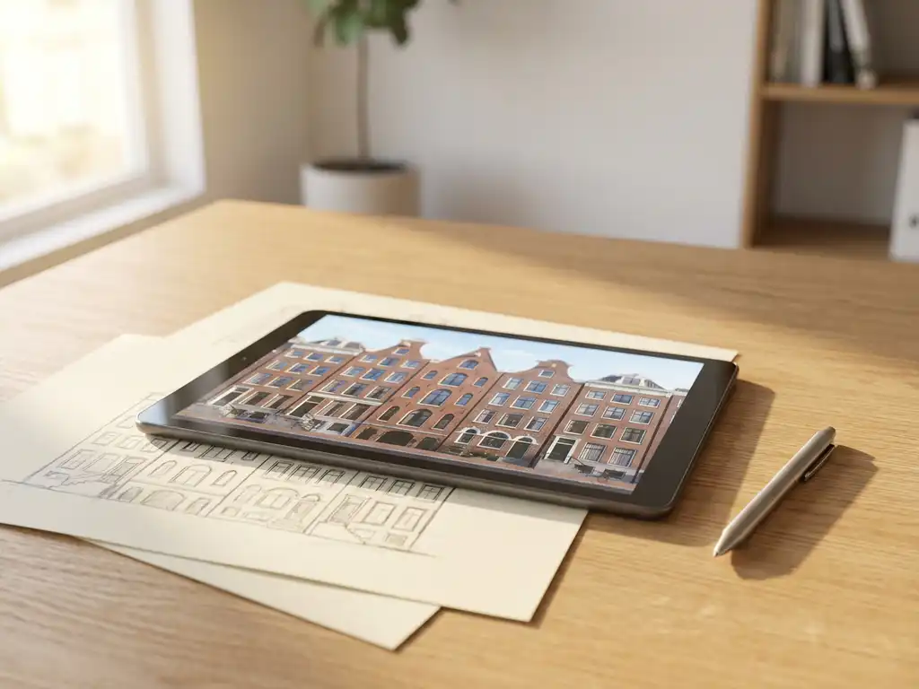Tablet toont 3D-weergave van Amsterdamse grachtenpanden op bureau met architecturale schetsen en pen in natuurlijk licht.